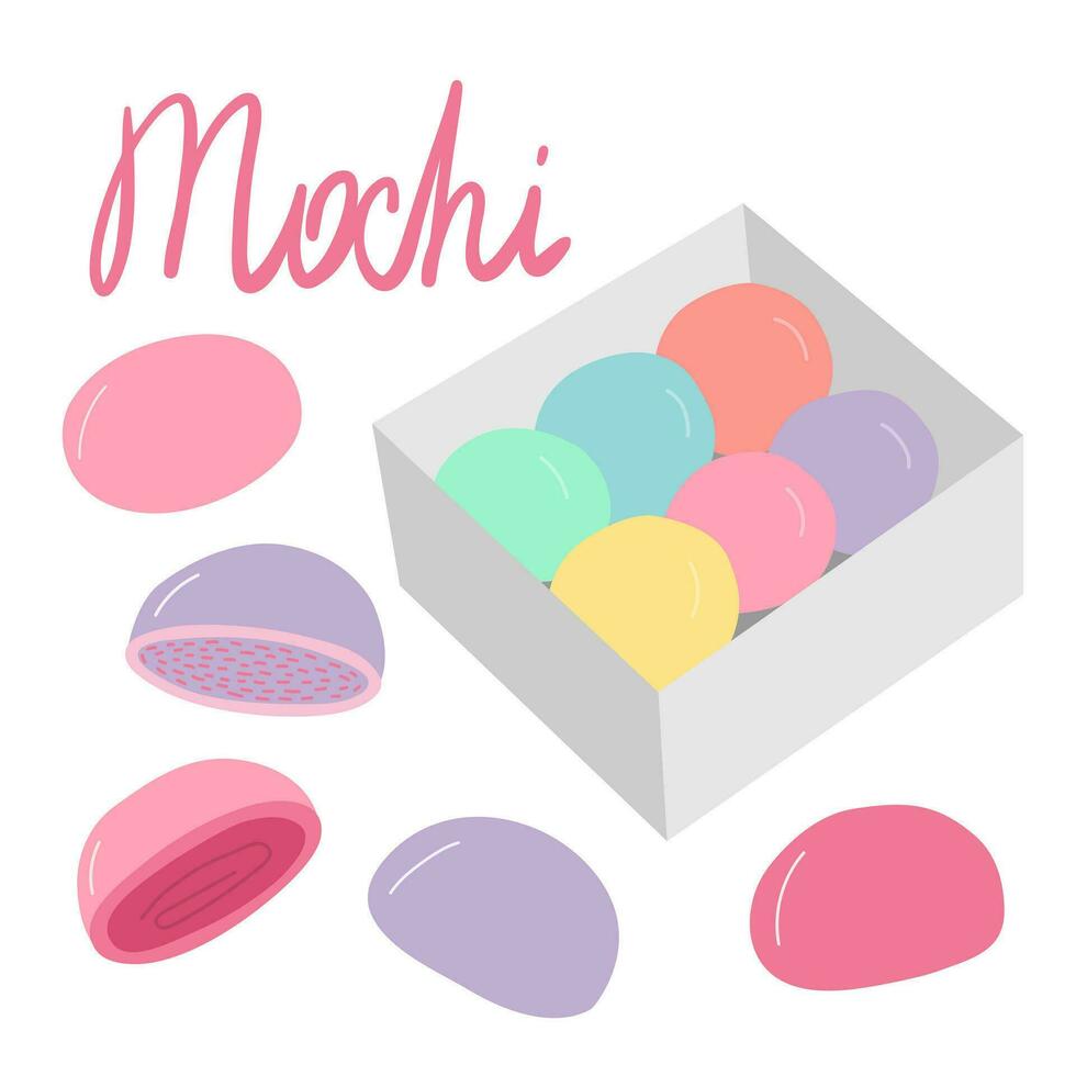 plano mochi sobremesa definir. vetor japonês tradicional arroz sobremesa conjunto