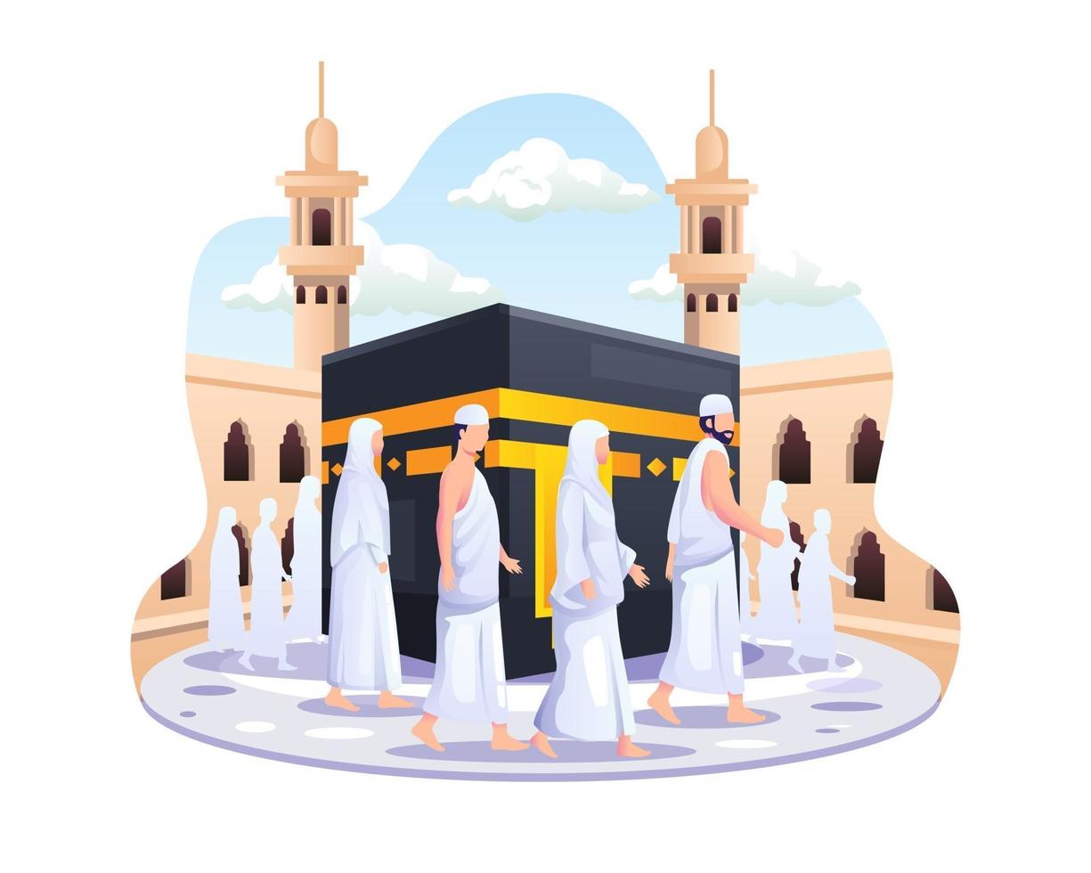 peregrinação islâmica hajj. as pessoas estão andando pela ilustração vetorial Kaaba vetor