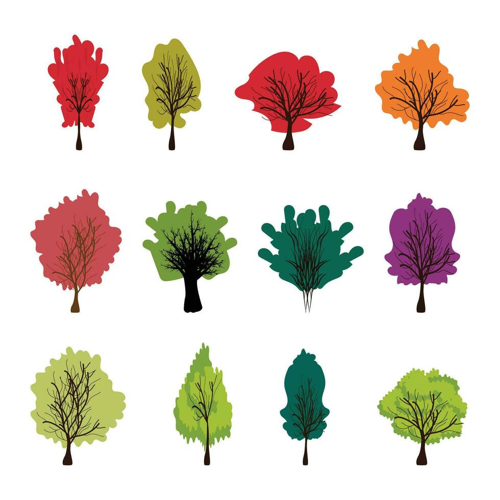 colorida árvores vetor ilustração definir. conjunto do variedade plantas e árvores árvores coleção dentro mão desenhado