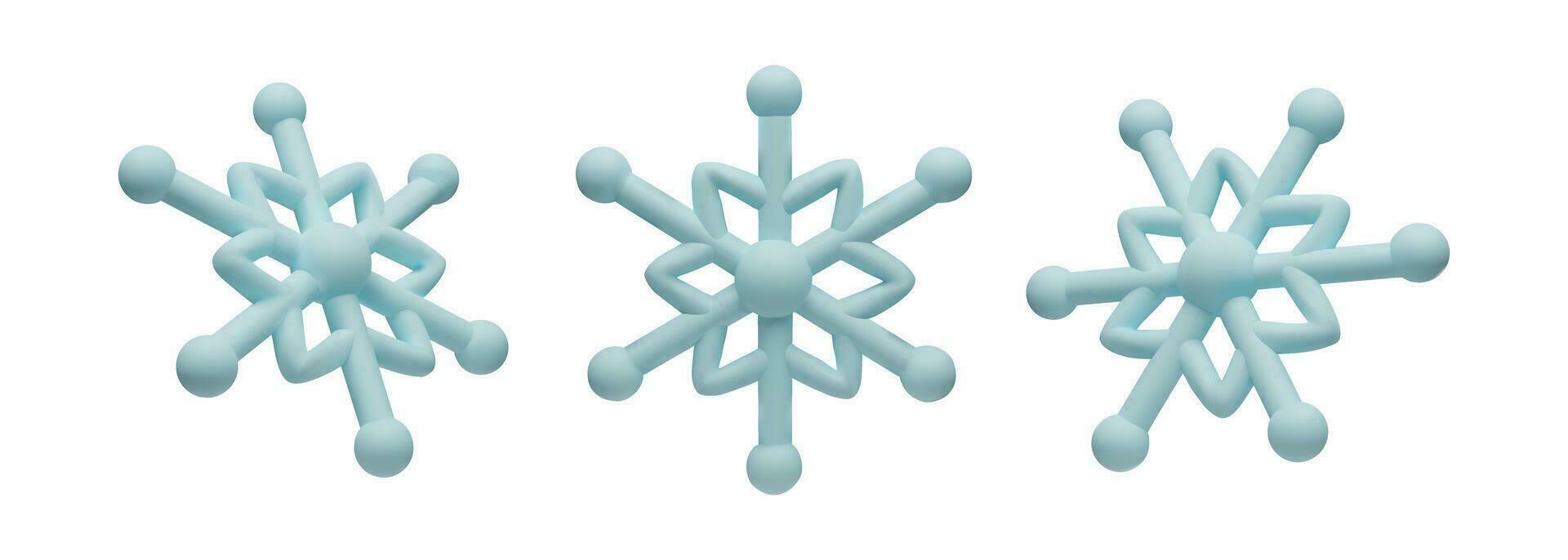 3d render conjunto do flocos de neve. meteorologia realista elemento. vetor símbolo do frio, geada. Projeto elemento para inverno temporada. hegagono forma cristal dentro argila, plástico estilo