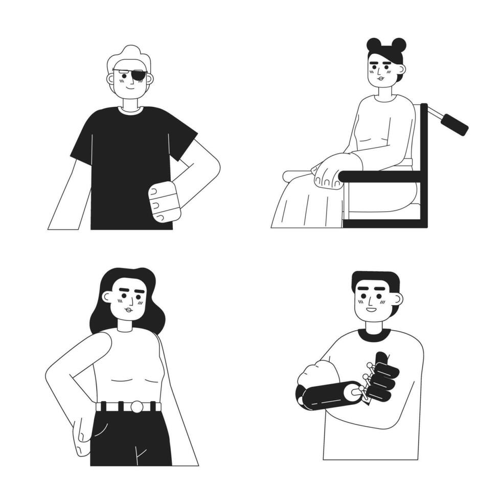 pessoas com deficiências monocromático plano vetor personagens pacote. editável fino linha metade corpo Forte pessoas em branco. simples bw desenho animado local imagem para rede gráfico Projeto