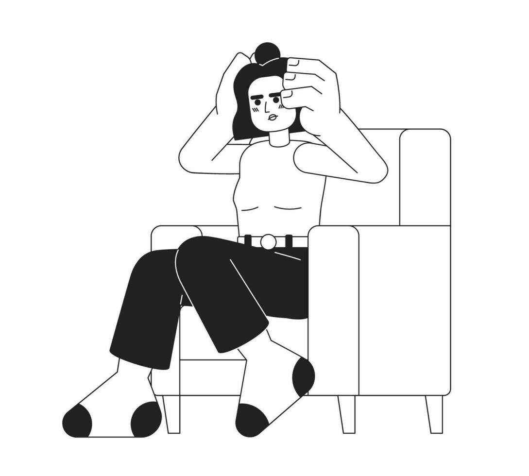 Exausta mulher dentro poltrona monocromático plano vetor personagem. hispânico menina segurando cabeça dentro estresse. editável fino linha cheio corpo pessoa em branco. simples bw desenho animado local imagem para rede gráfico Projeto