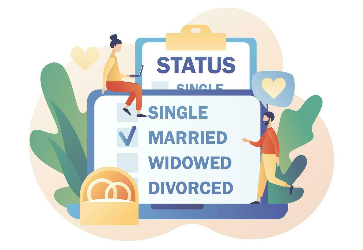 conjugal status. conectados caixa de seleção Lista com solteiro, casado, viúva e divorciado opções para minúsculo pessoas. legal status mudar. relação conceito. moderno plano desenho animado estilo. vetor ilustração