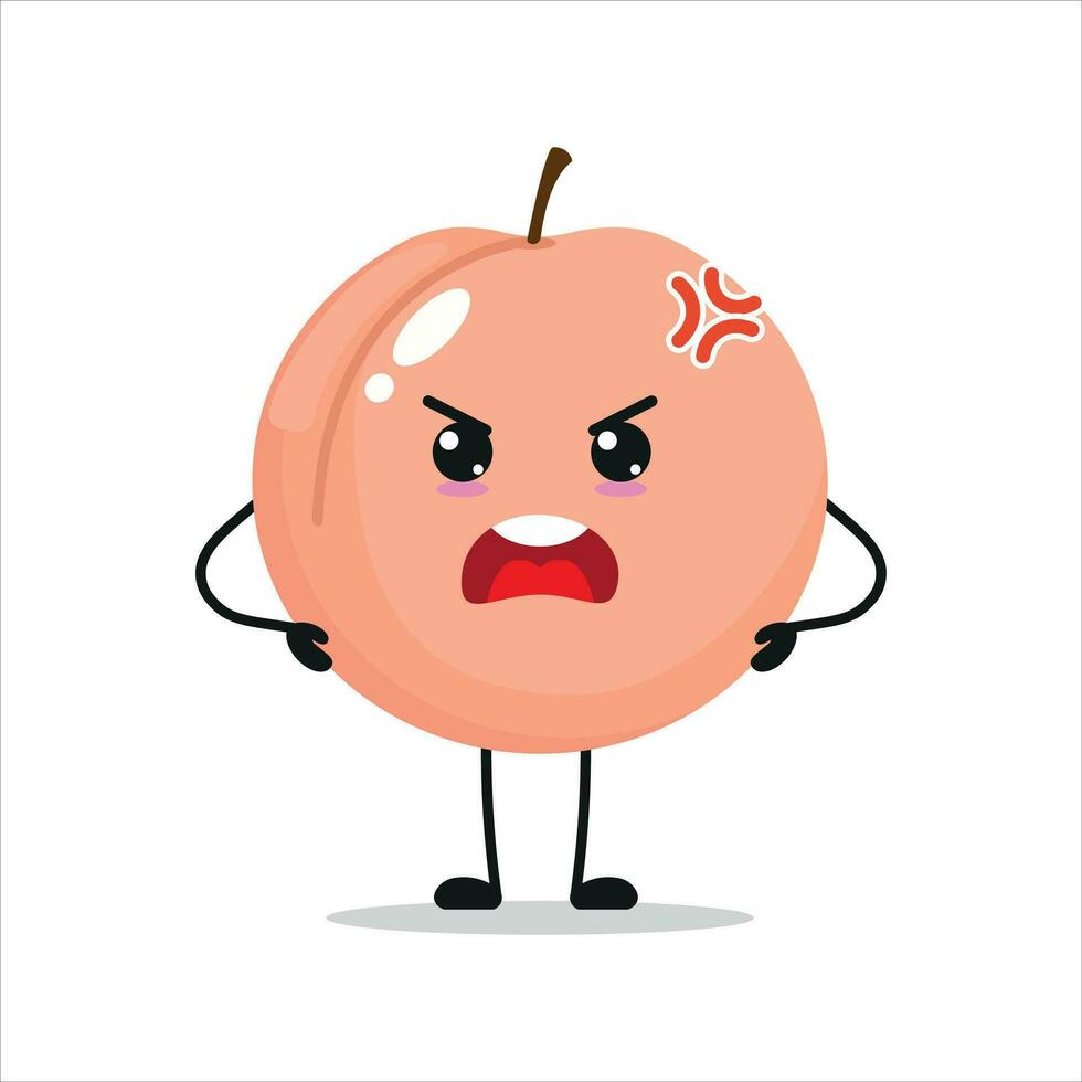 fofa Bravo pêssego personagem. engraçado louco pêssego desenho animado emoticon dentro plano estilo. fruta emoji vetor ilustração