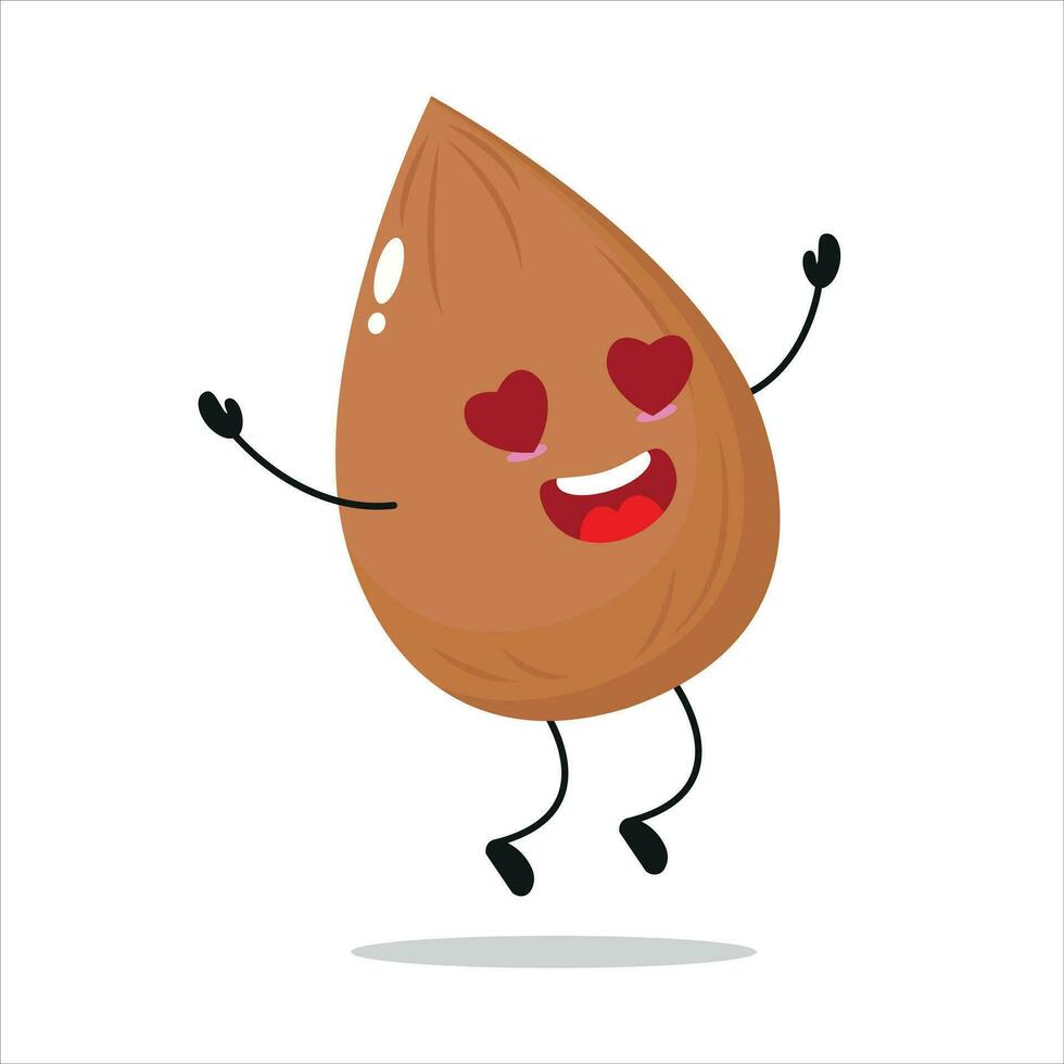 fofa feliz amêndoa personagem. engraçado outono dentro amor amêndoa desenho animado emoticon dentro plano estilo. vegetal emoji vetor ilustração