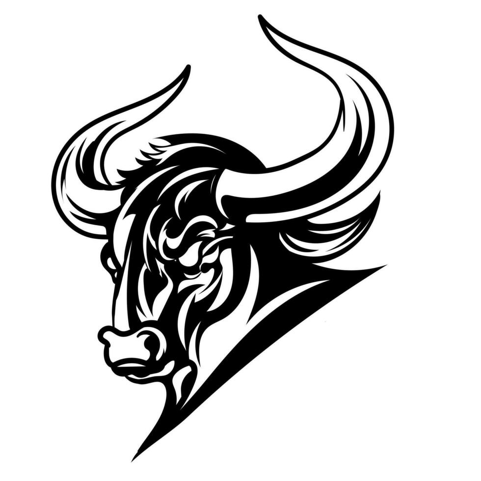 Bravo cabeça face mascote do touro Projeto do agressivo búfalo retrato. Preto branco linha arte vetor ilustração