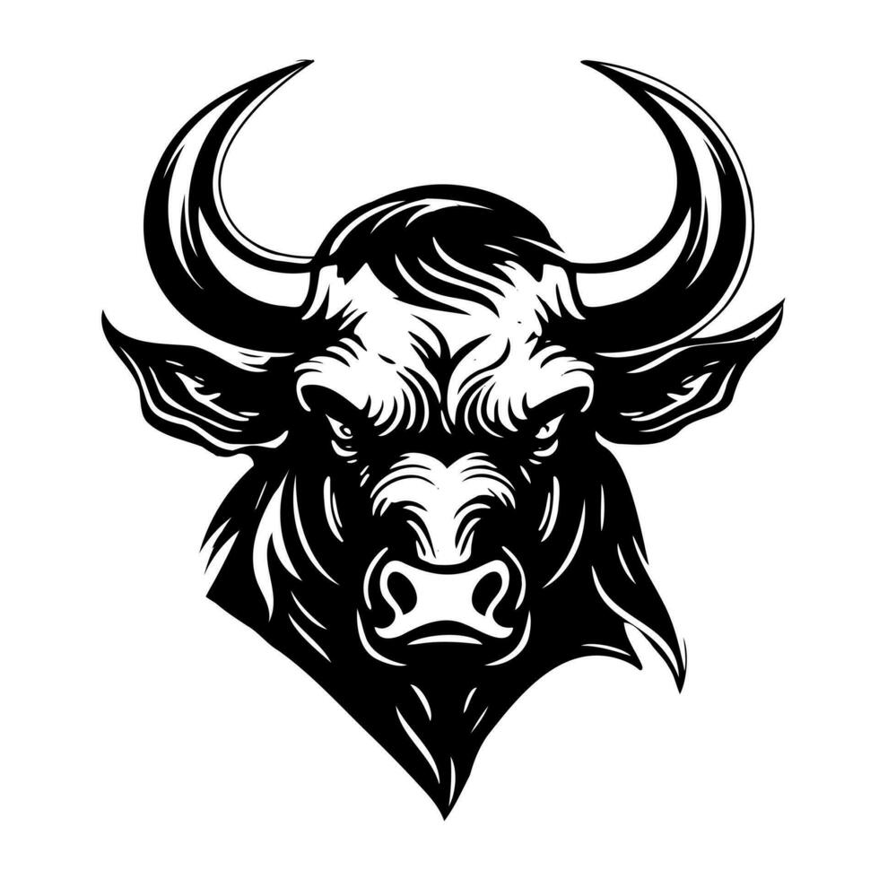 Bravo cabeça face mascote do touro Projeto do agressivo búfalo retrato. Preto branco linha arte vetor ilustração