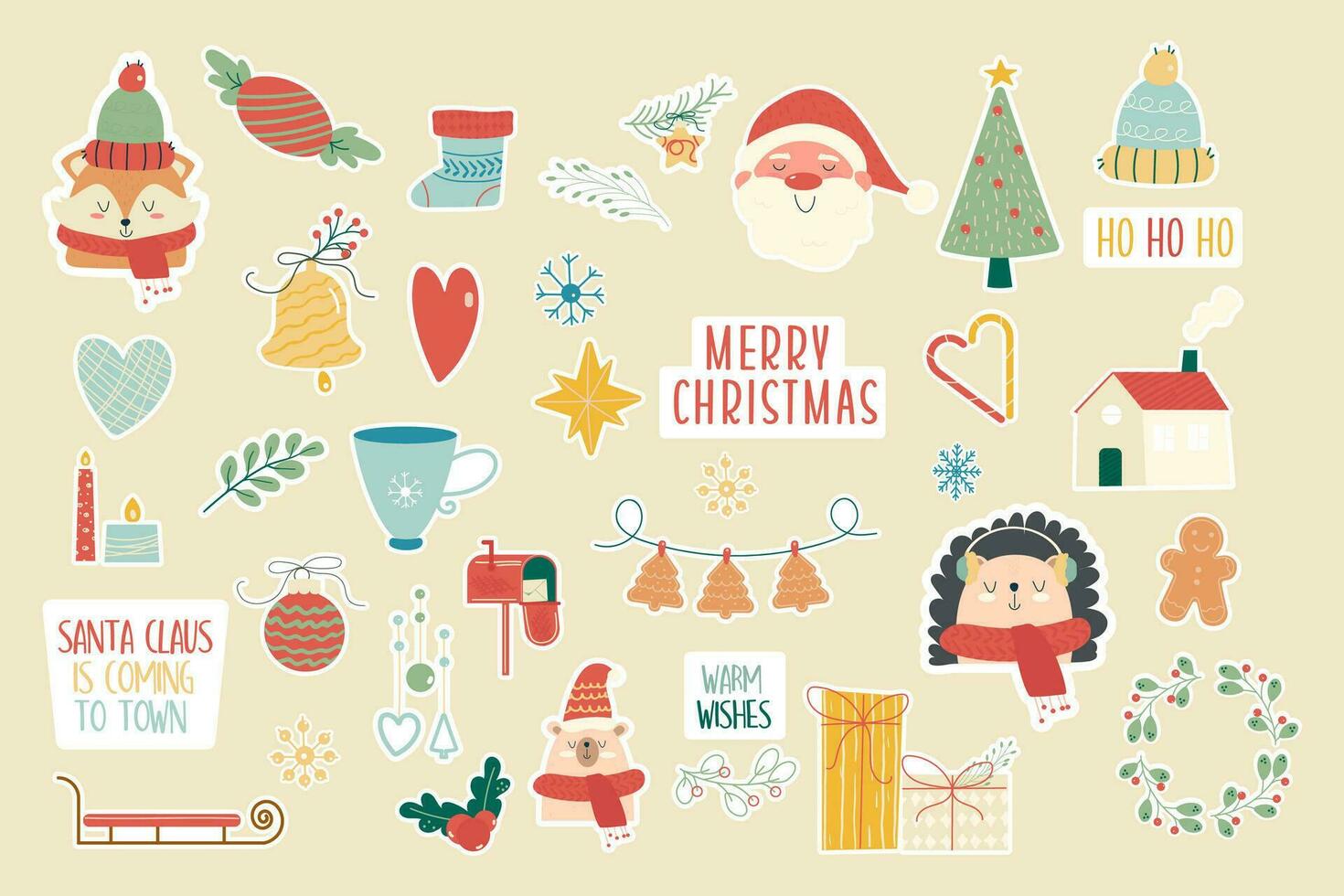 conjunto adesivos mão desenhado Natal decoração com animais vetor