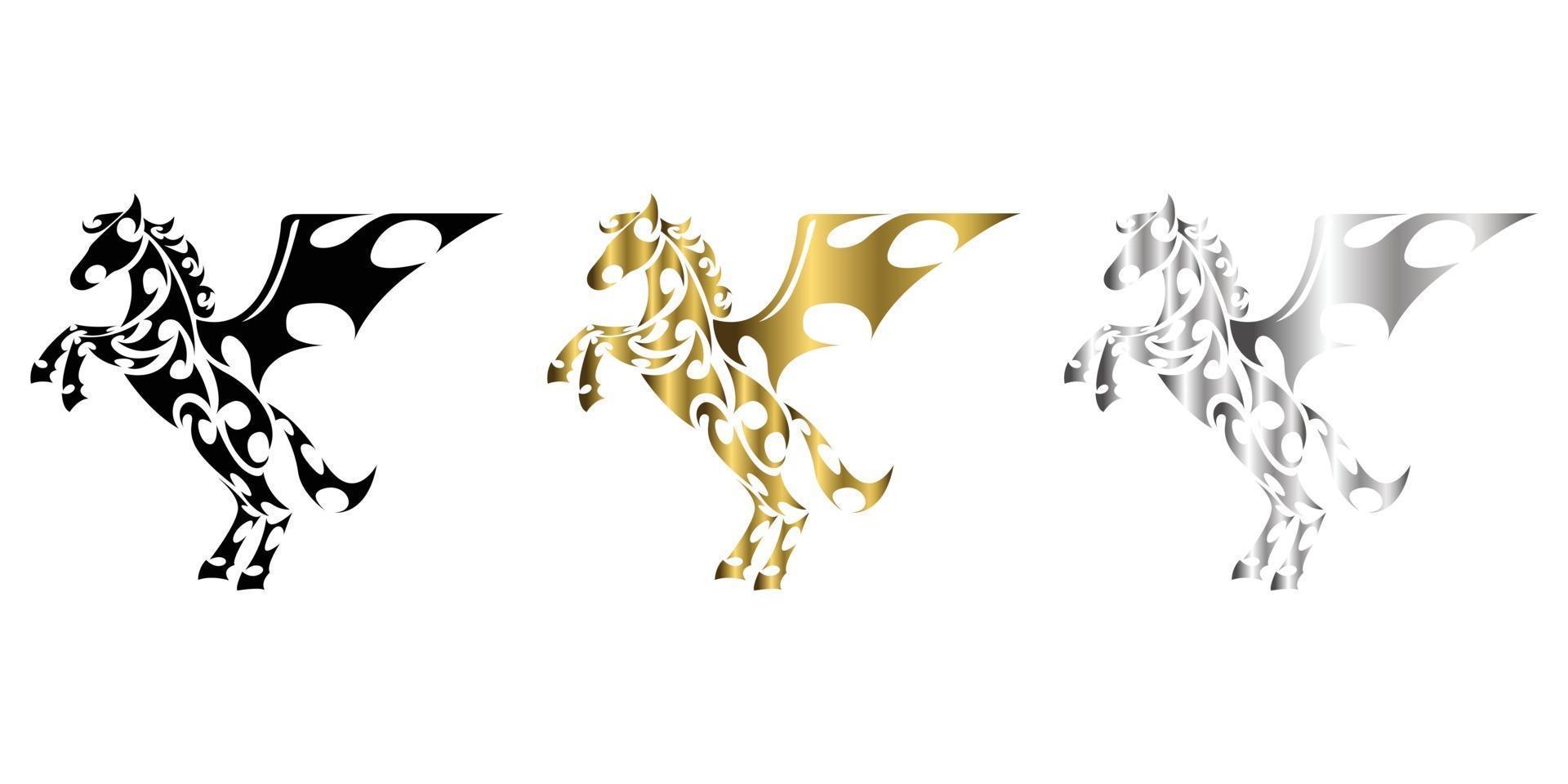 três cores preto ouro prata linha arte vetorial de cavalo com as patas dianteiras levantadas adequadas para uso como decoração ou logotipo vetor