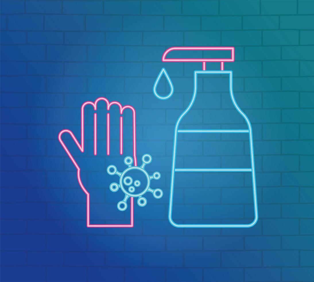pandemia de surto de ncov neon 2019, dispensador de desinfetante para as mãos, lavagem das mãos vetor