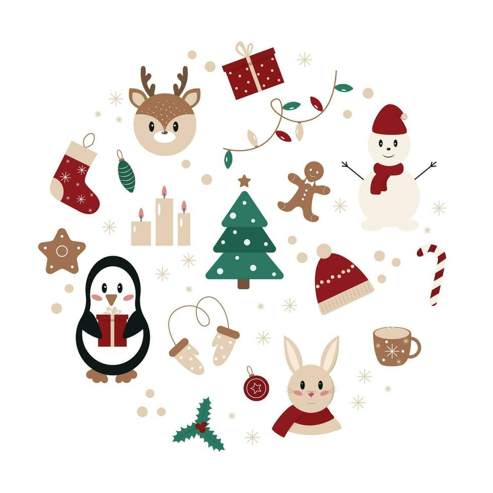 círculo conjunto do Natal e Novo ano elementos dentro plano estilo. fofa animais e tradicional símbolos. vetor ilustração