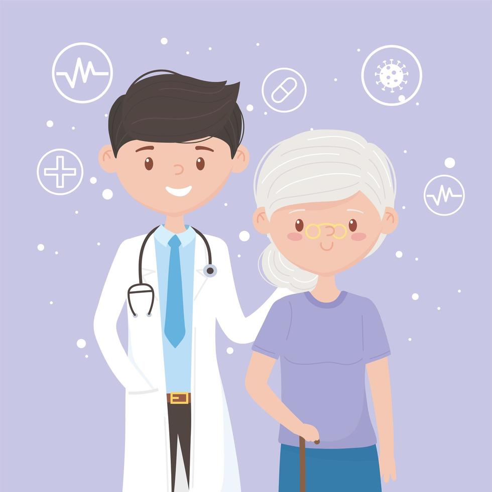 jovem médico masculino e mulher idosa equipe médica praticante profissional personagem de desenho animado vetor