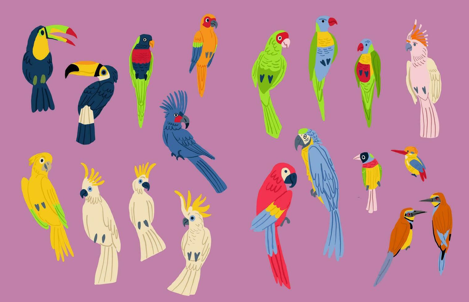 plano Projeto vetor pássaros ícone definir. popular observação de pássaros espécies coleção. exótico pássaro conjunto dentro plano Projeto.