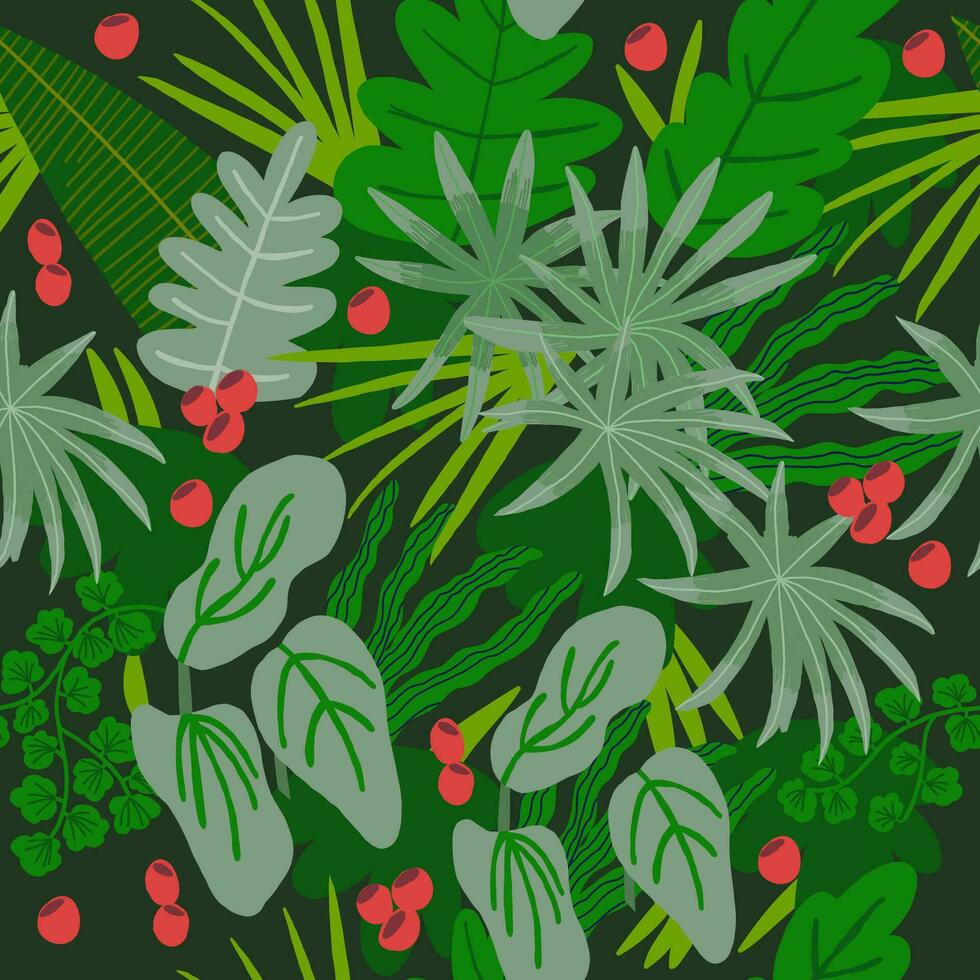 desatado abstrato verde padronizar com folhas, bagas, vetor floral fundo