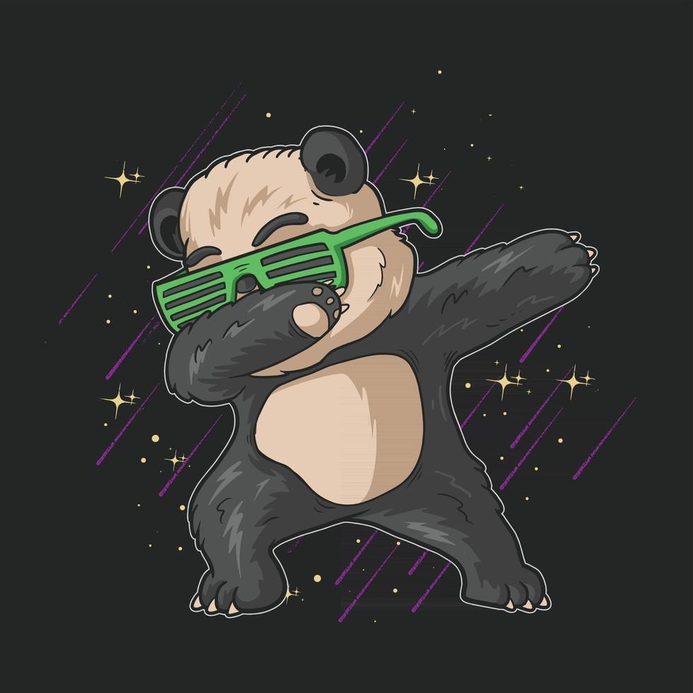 Pequeno panda fofo com óculos tocando ilustração de celebração de dança vetor