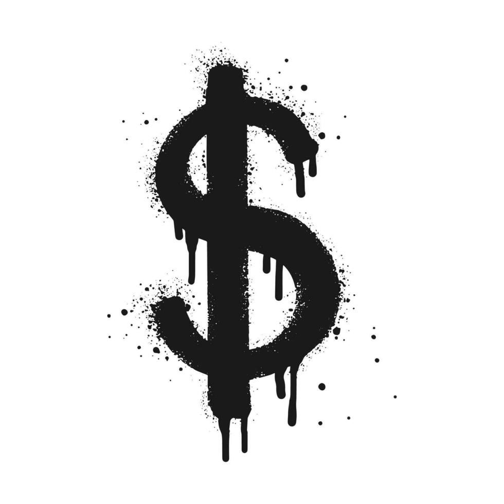 moeda de grafite pintada com spray em preto sobre branco. gotas de ícone de dólar pulverizado. isolado no fundo branco. ilustração vetorial vetor