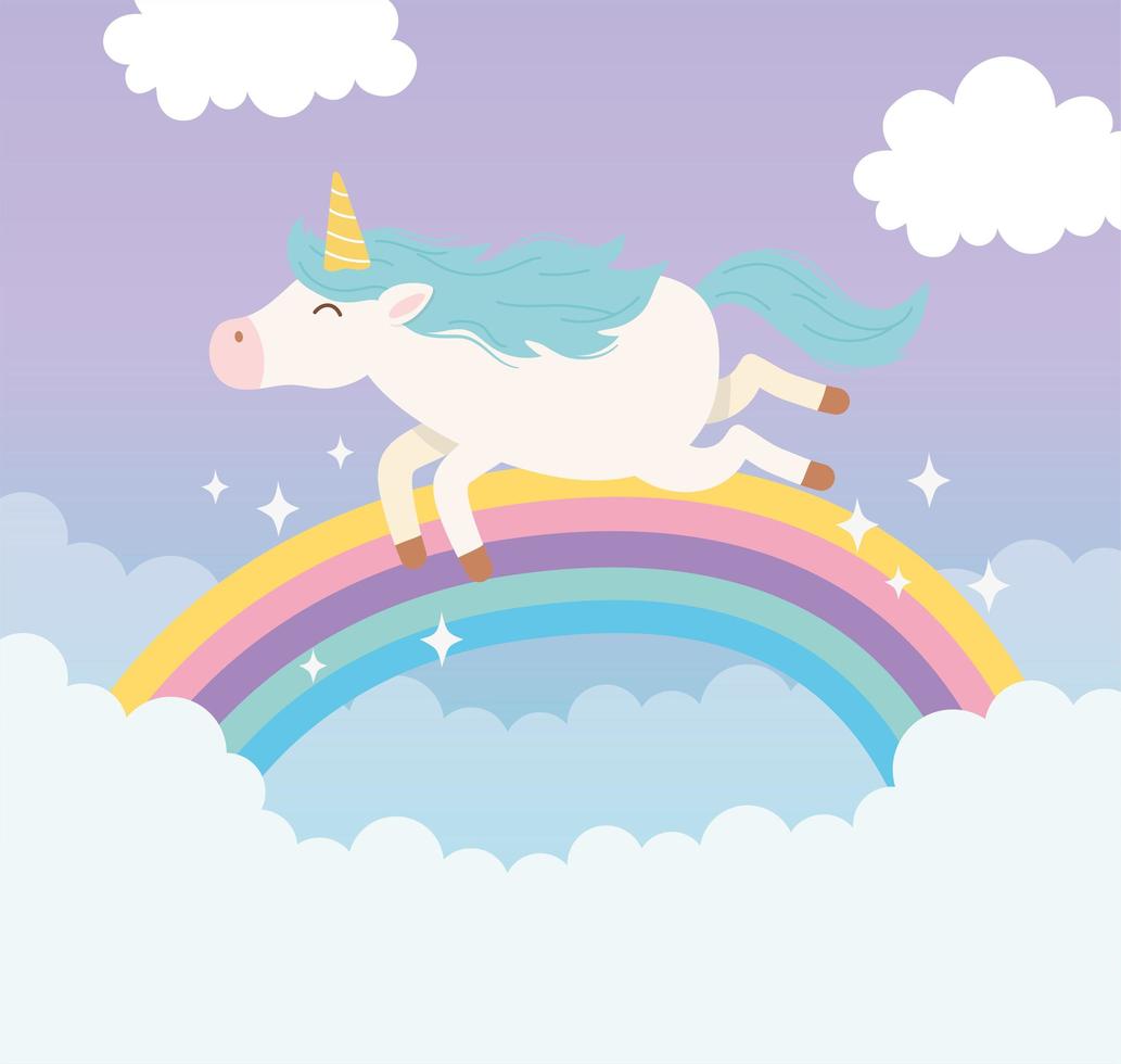 unicórnio voando nuvens de arco-íris fantasia mágica desenho animado animal fofo vetor