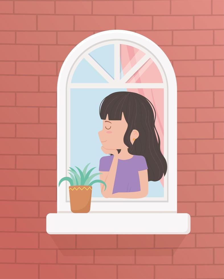 ficar em casa quarentena, mulher na janela com planta em vaso vetor