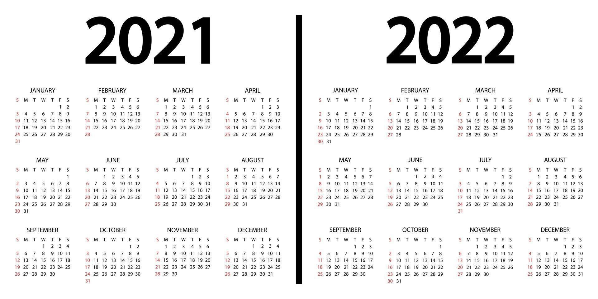 calendário 2021-2022. a semana começa no domingo. Modelo de calendário anual de 2021 e 2022. Calendário anual de 12 meses definido em 2021 e 2022 com design em cores preto e branco. domingo em cores vermelhas vetor