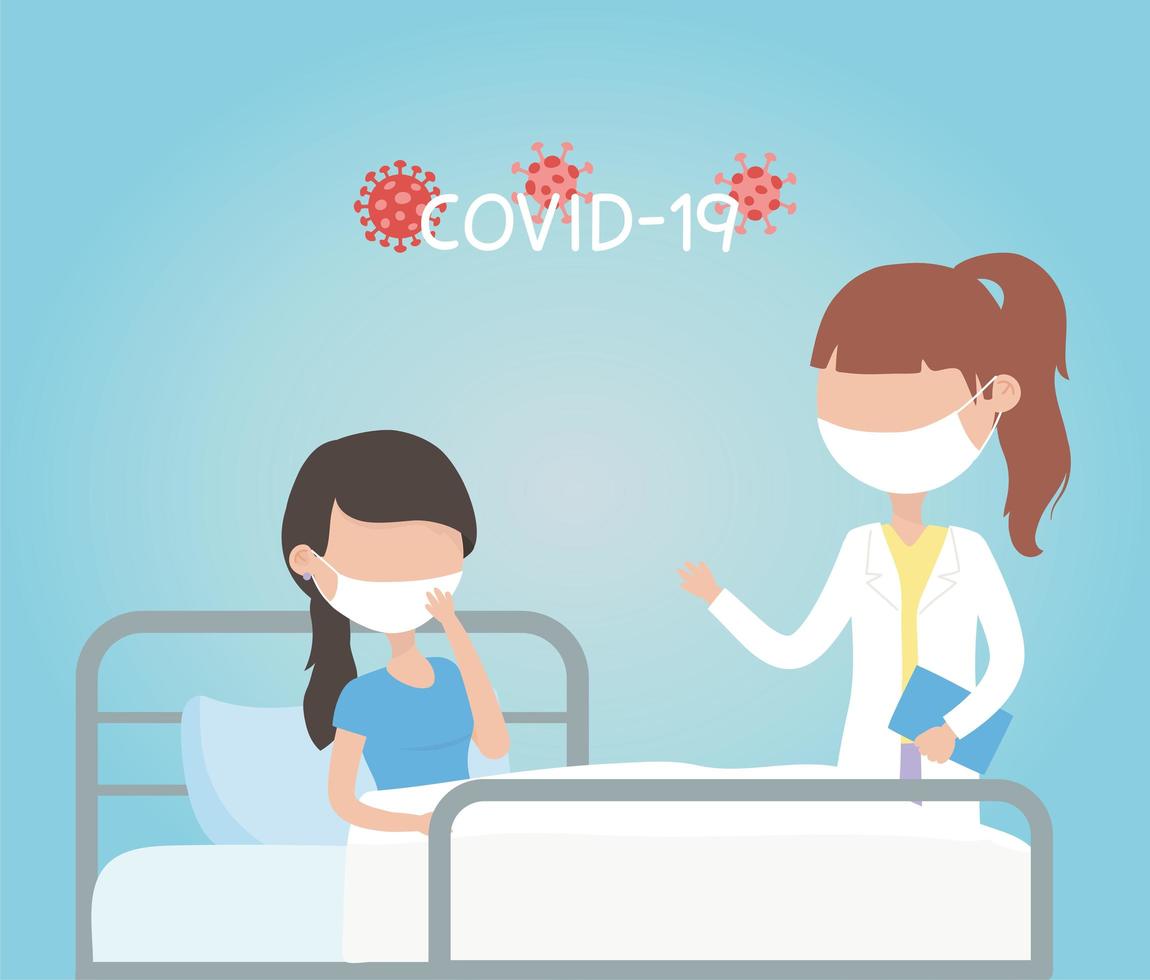 vírus covid 19 quarentena, médica e mulher doente na cama ilustração vetorial de clínica vetor