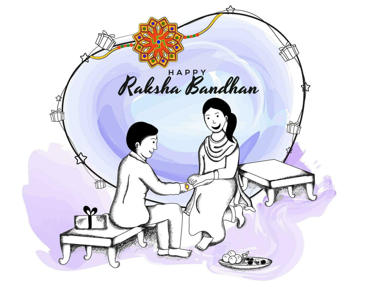 feliz raksha bandhan celebração conceito com rabisco estilo ilustração do irmã amarrar rakhi para dela irmão em abstrato aguarela efeito fundo. vetor