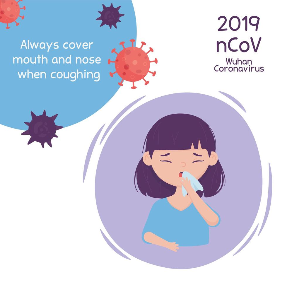 vírus covid 19 prevenção menina cobrir boca e nariz ao tossir vetor