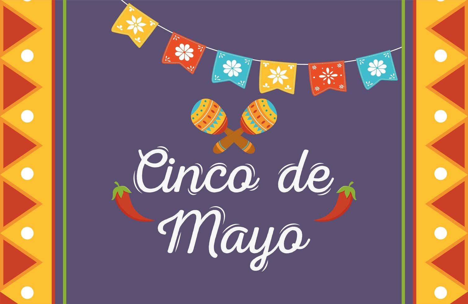 decoração de celebração mexicana com bandeirolas maracas cinco de mayo vetor