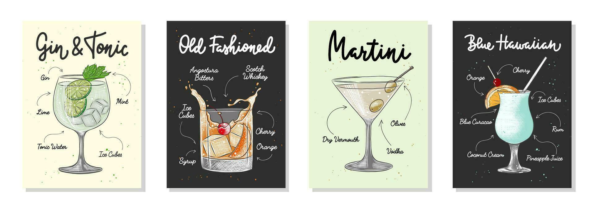 conjunto de 4 listas de receitas publicitárias com cartazes de letras de bebidas alcoólicas, coquetéis e bebidas, decoração de parede, estampas, design de menu. tipografia desenhada à mão com esboços. caligrafia manuscrita. vetor