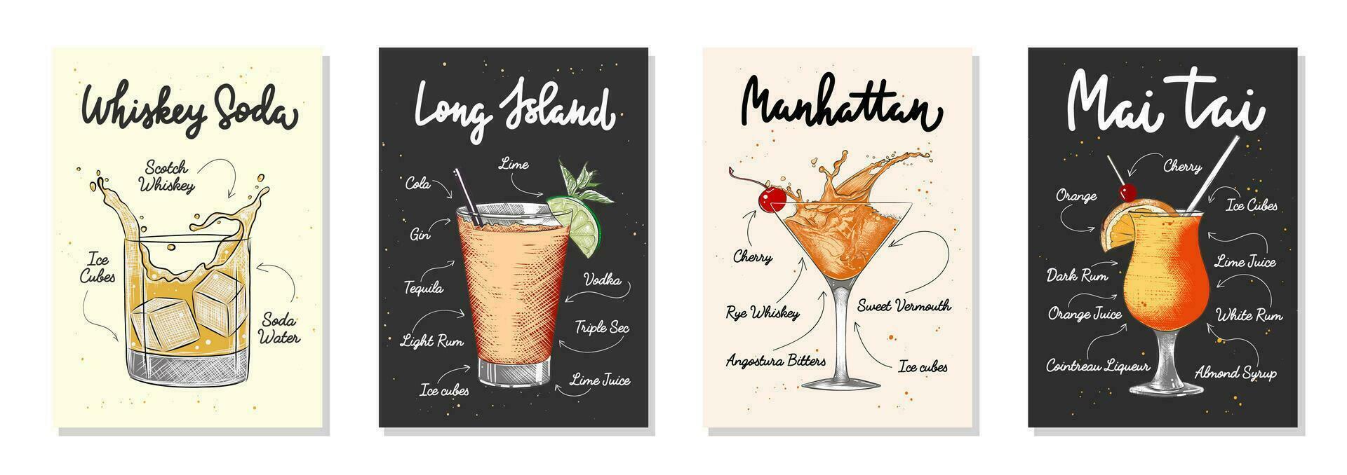 conjunto de 4 listas de receitas publicitárias com cartazes de letras de bebidas alcoólicas, coquetéis e bebidas, decoração de parede, estampas, design de menu. tipografia desenhada à mão com esboços. caligrafia manuscrita. vetor