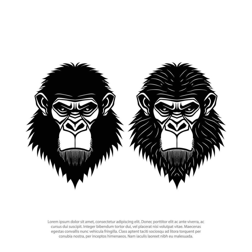 Bravo gorila cabeça, macacos cabeça, macaco vetor modelo logotipo. Preto e branco logotipo isolado. vetor ilustração, feroz.