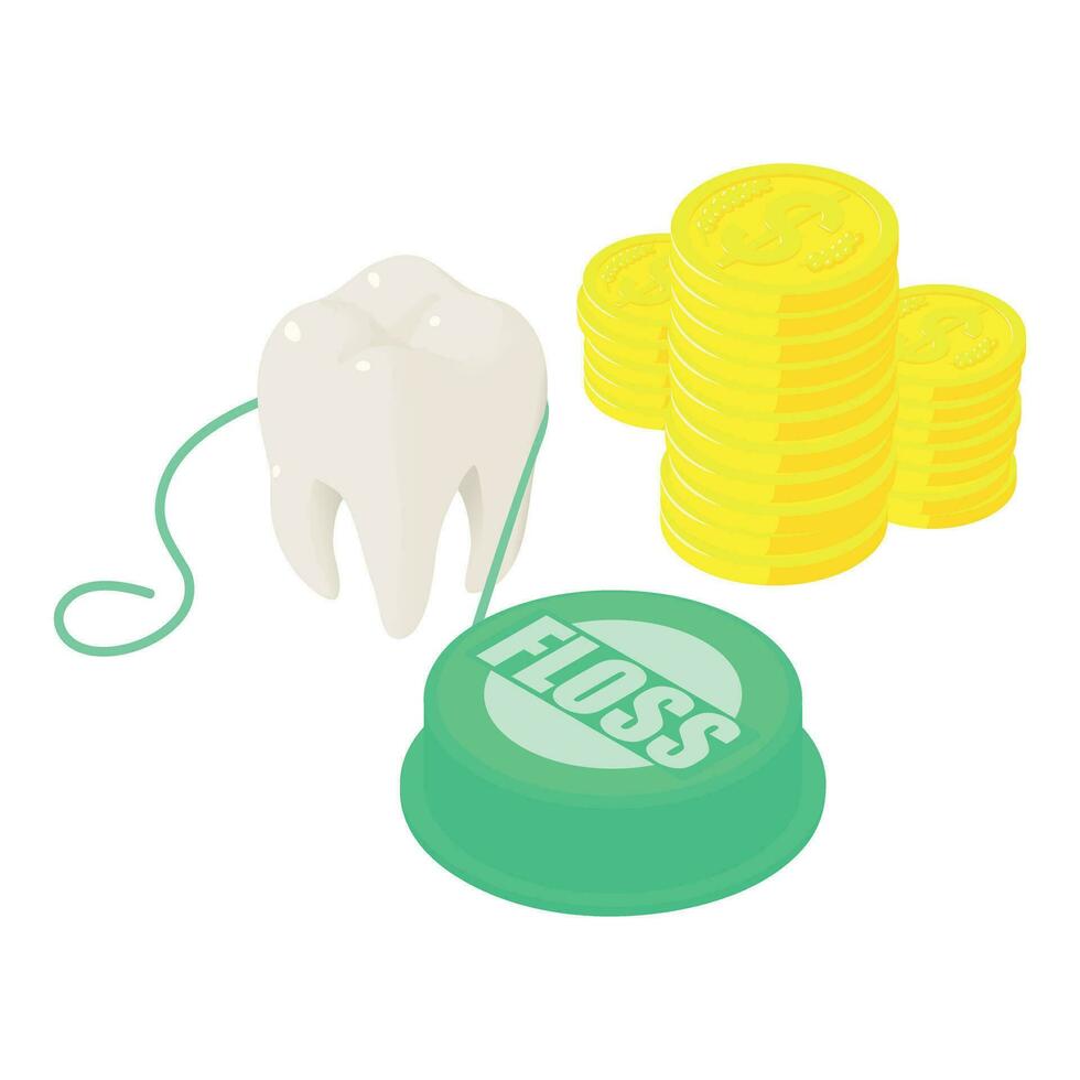 dentes Cuidado ícone isométrico vetor. humano dente perto dental fio dental e dourado moeda vetor