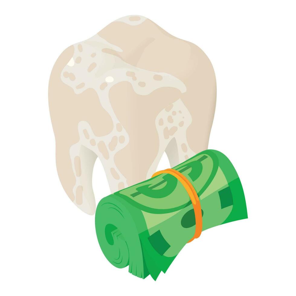 odontologia conceito ícone isométrico vetor. humano dente e enrolado dólar conta ícone vetor