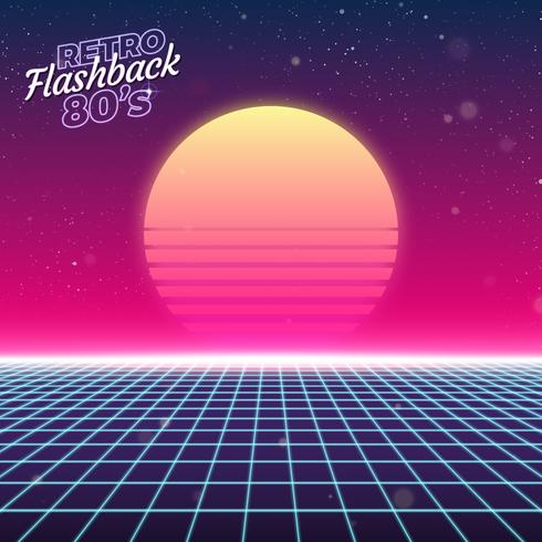 Synthwave design retro, sol e grade, ilustração vetor