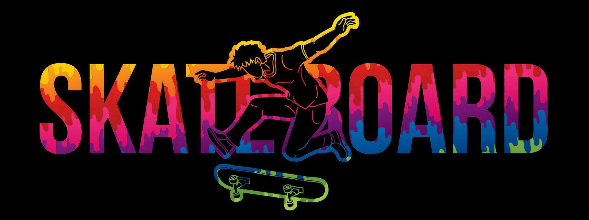 skate texto projetado com skatista açao vetor