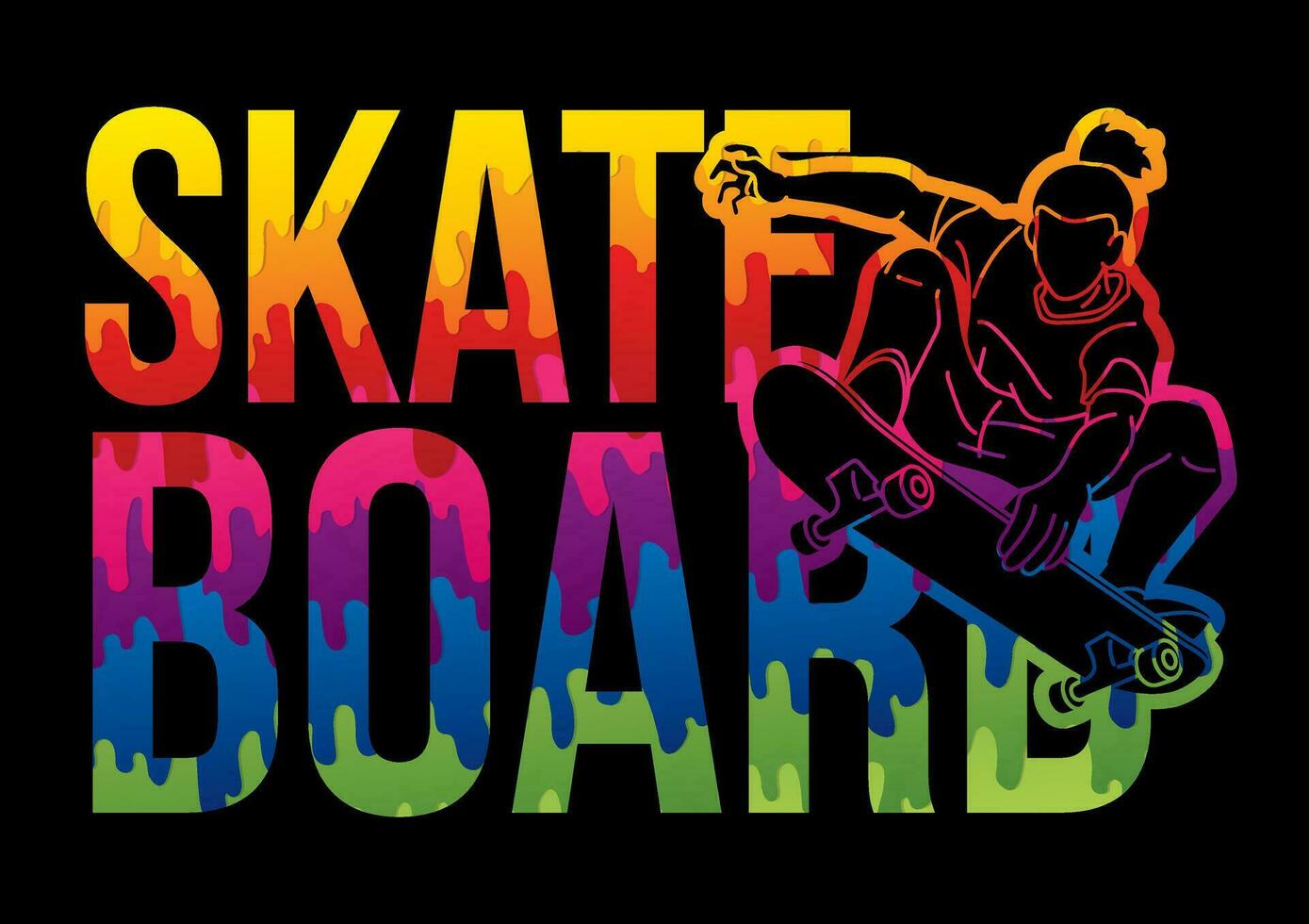 skate texto projetado com skatista açao colorida grafite vetor