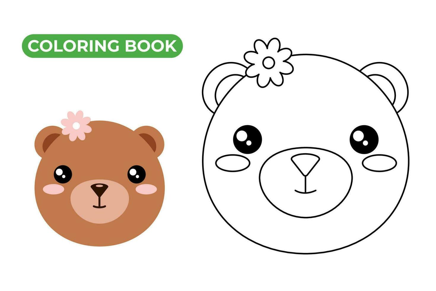 pequeno bebê Urso garota. linha vetor ilustração do Urso filhote. desenhando do bebê animal face com flor em cabeça. contorno coloração livro para crianças.