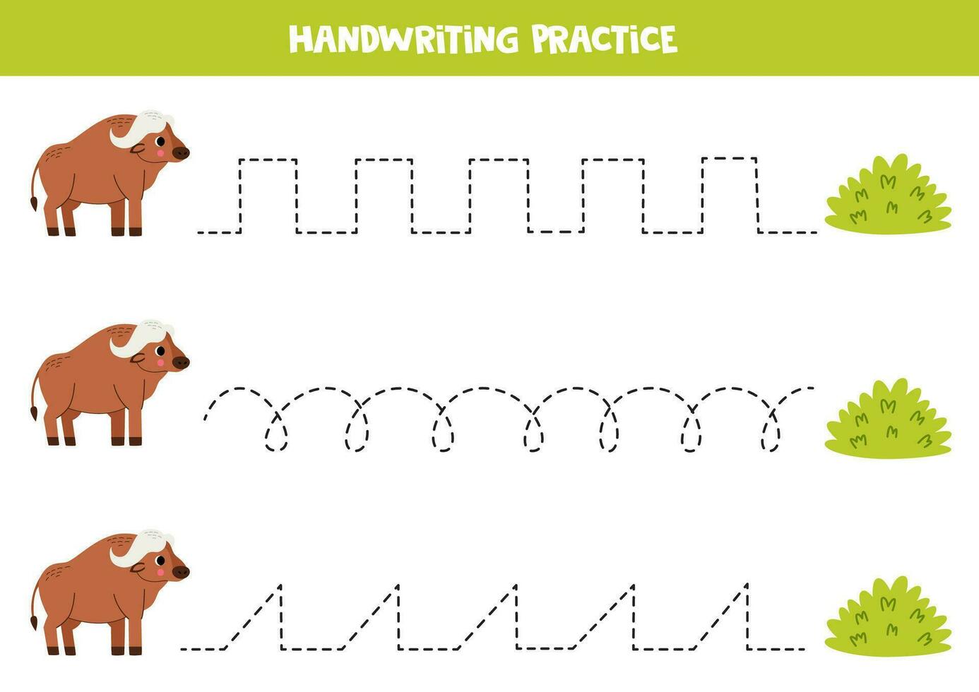 rastreamento linhas para crianças. desenho animado fofa búfalo e verde arbustos. vetor