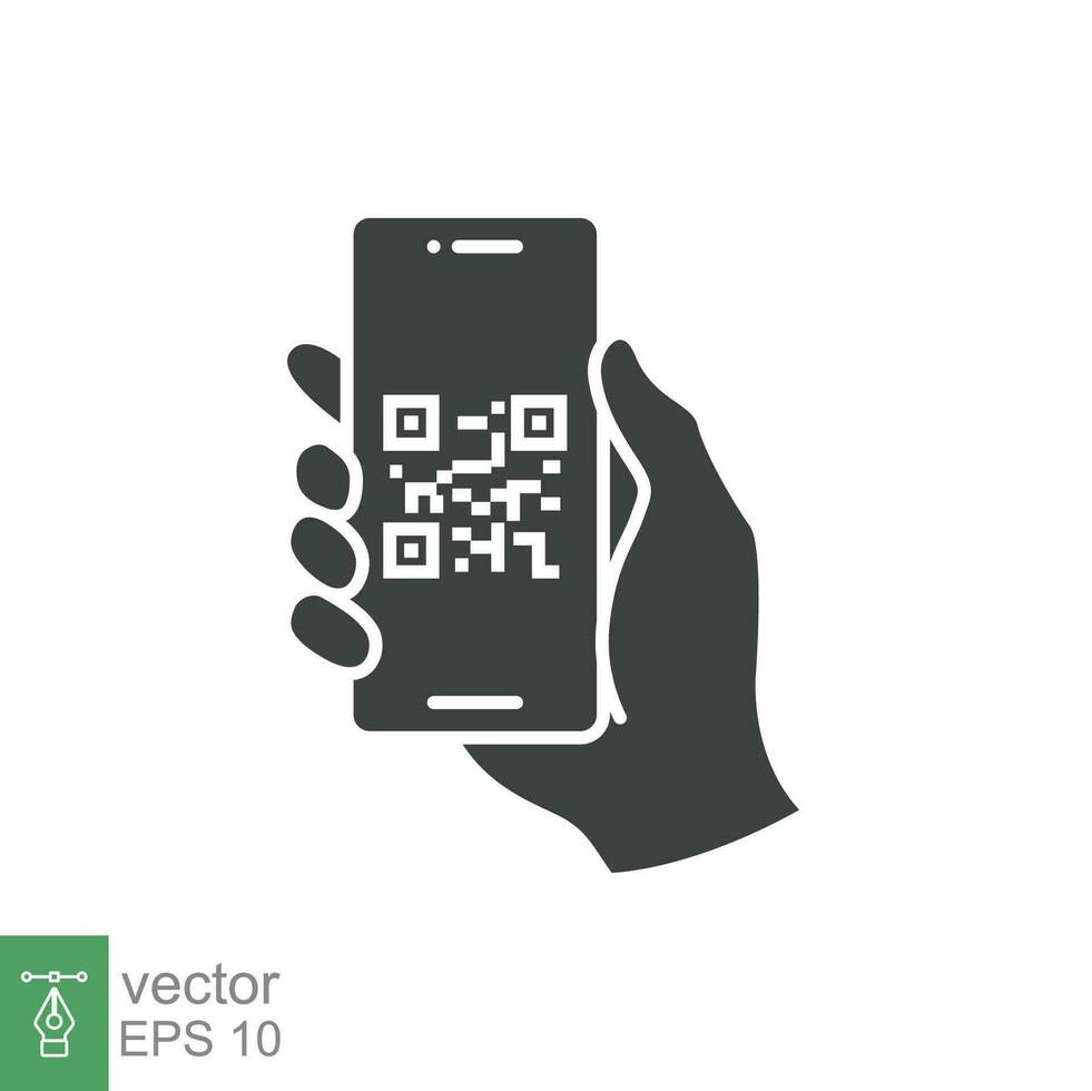 qr código digitalização dentro Smartphone tela. mão segurando Móvel telefone. simples sólido ícone estilo, código de barras scanner para pagar, rede, Móvel aplicativo. vetor ilustração isolado. eps 10.