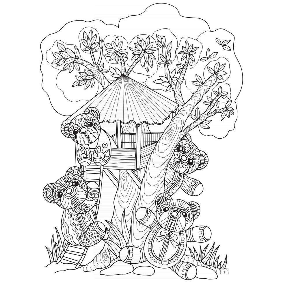 ursos de pelúcia e casa na árvore desenhados à mão para livro de colorir adulto vetor