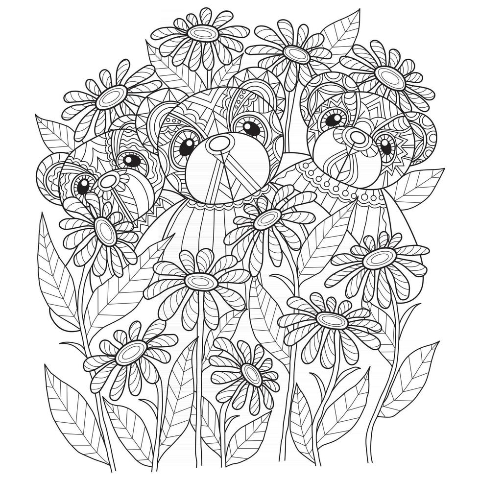 ursinhos de pelúcia e flores desenhados à mão para livro de colorir adulto vetor