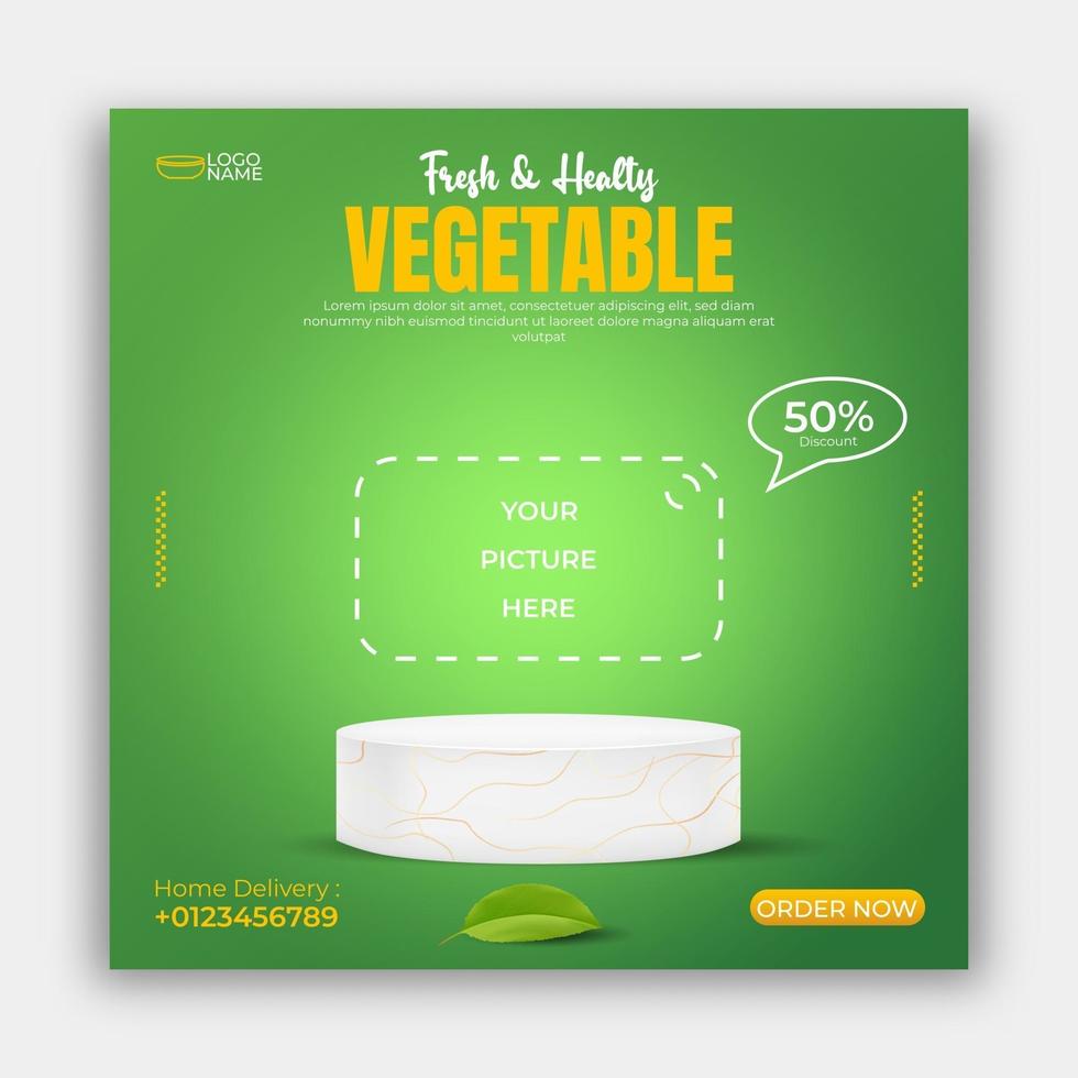 alimentação saudável vegetal mídia social postar modelo de anúncios de banner. Vetor de ilustração 3D.