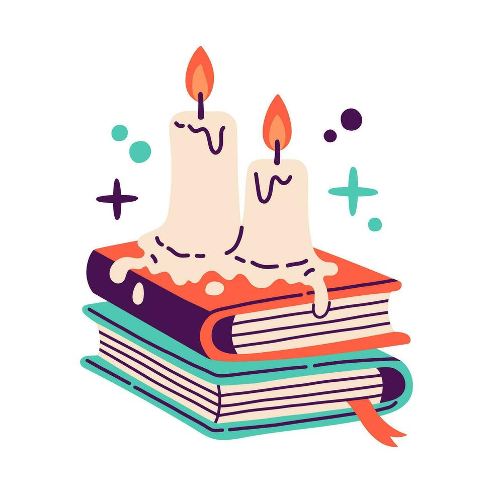 feliz dia das Bruxas ilustração. vetor fofa ilustração do livros e iluminação velas dentro na moda cores para cartão postal, folheto, bandeira