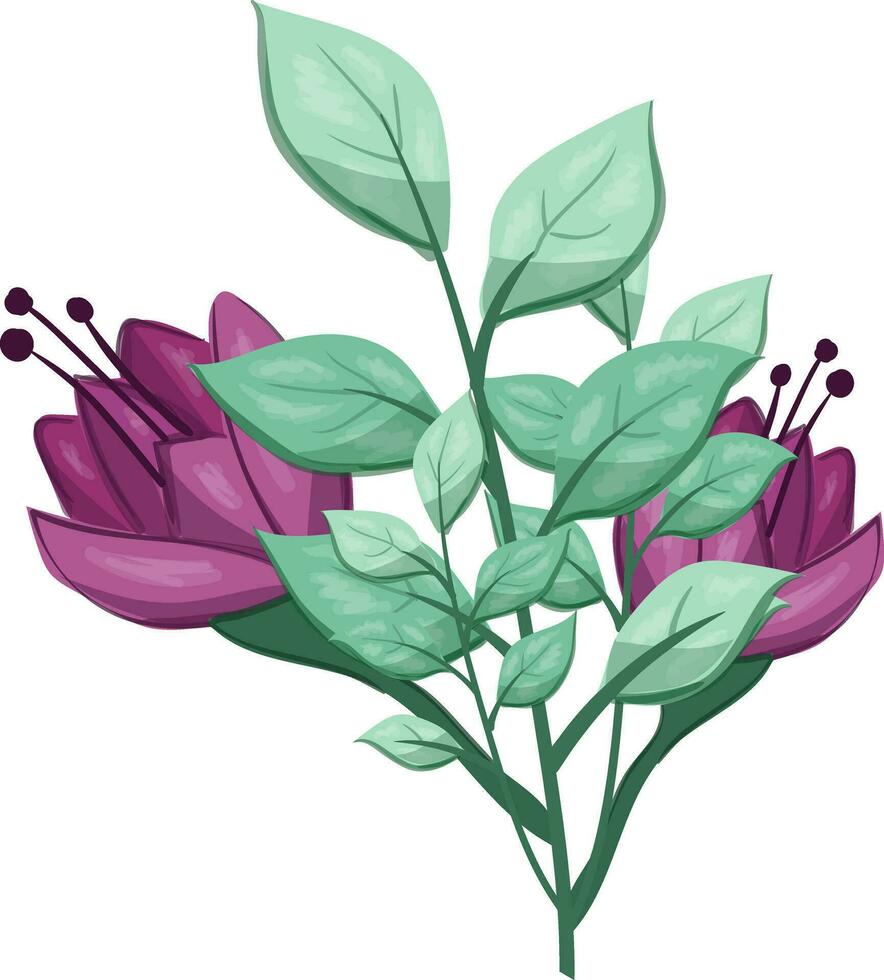 ilustração do uma roxa flor com verde folhas em uma branco fundo vetor