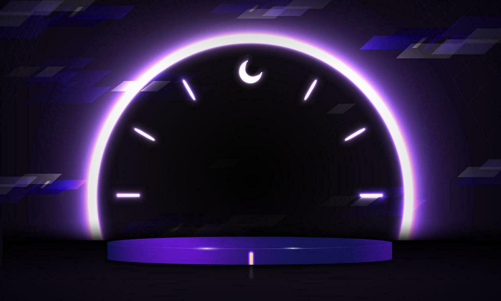 3d rendido néon pódio com brilhando relógio em fundo com 12 meia noite Como crescente lua ícone. 3d cyber plataforma estúdio pano de fundo modelo. vetor ilustração. eps 10.