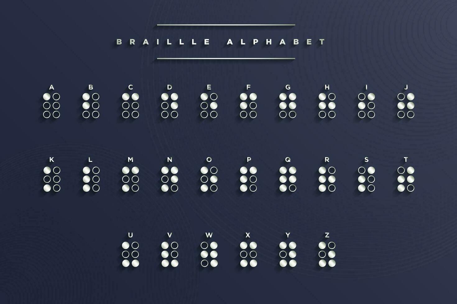 à moda braille Inglês alfabeto em elegante Sombrio azul fundo. abc guia para cego e visualmente prejudicado pessoas. braille cartas Como pontos. vetor ilustração. eps 10.