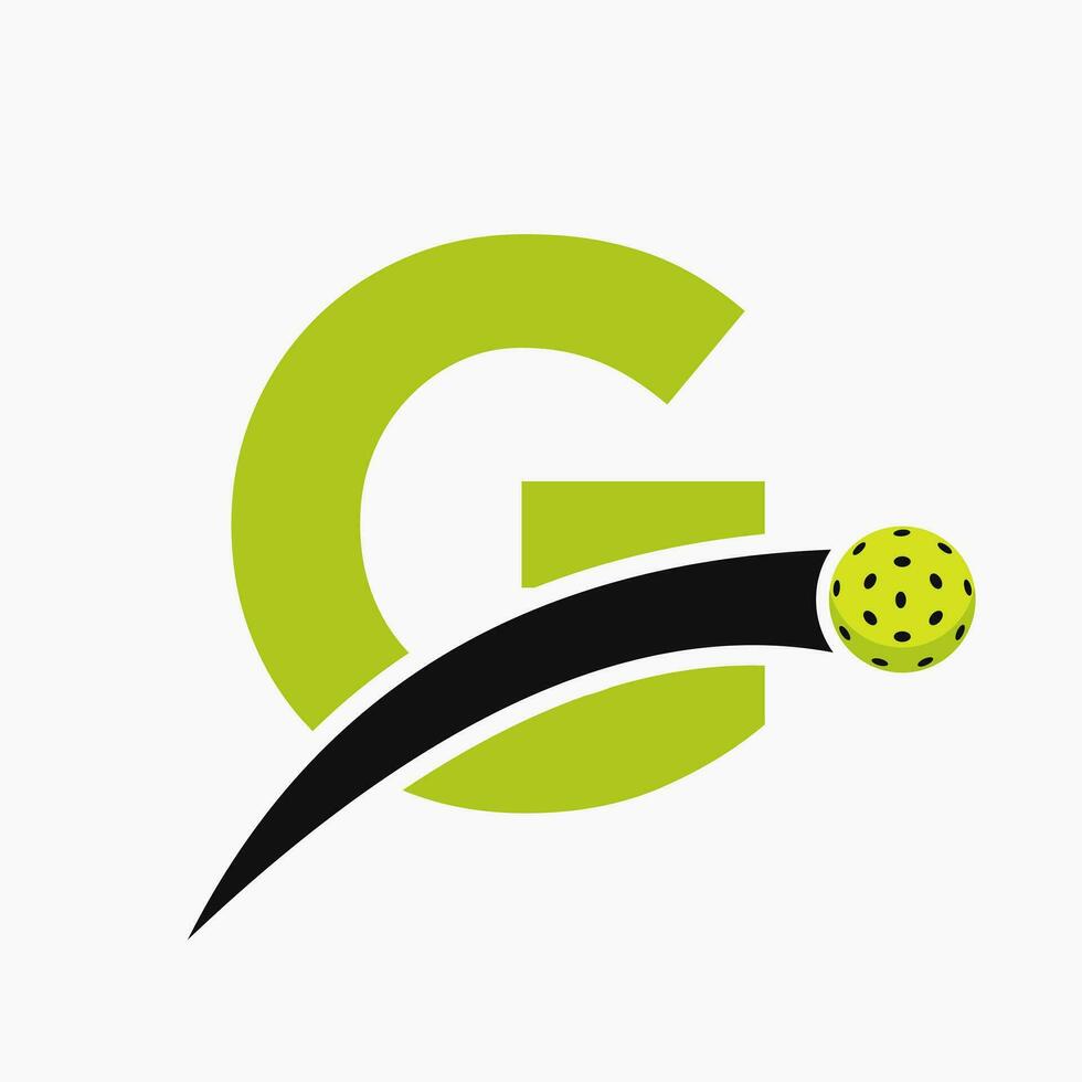 pickleball logotipo em carta g com comovente pickleball ícone. pickleball placa modelo vetor