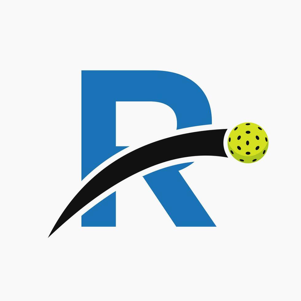 pickleball logotipo em carta r com comovente pickleball ícone. pickleball placa modelo vetor