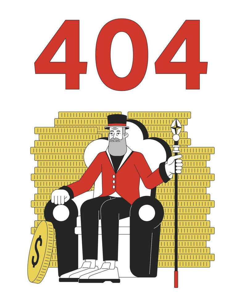 barbudo velho homem de negocios entre moedas erro 404 instantâneo mensagem. fortuna. salvando dinheiro. esvaziar Estado ui Projeto. página não encontrado Aparecer desenho animado imagem. vetor plano ilustração conceito em branco fundo