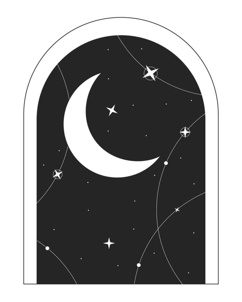 galáxia porta quadro, Armação com crescente lua plano monocromático isolado vetor objeto. astrologia Magia. editável Preto e branco linha arte desenho. simples esboço local ilustração para rede gráfico Projeto