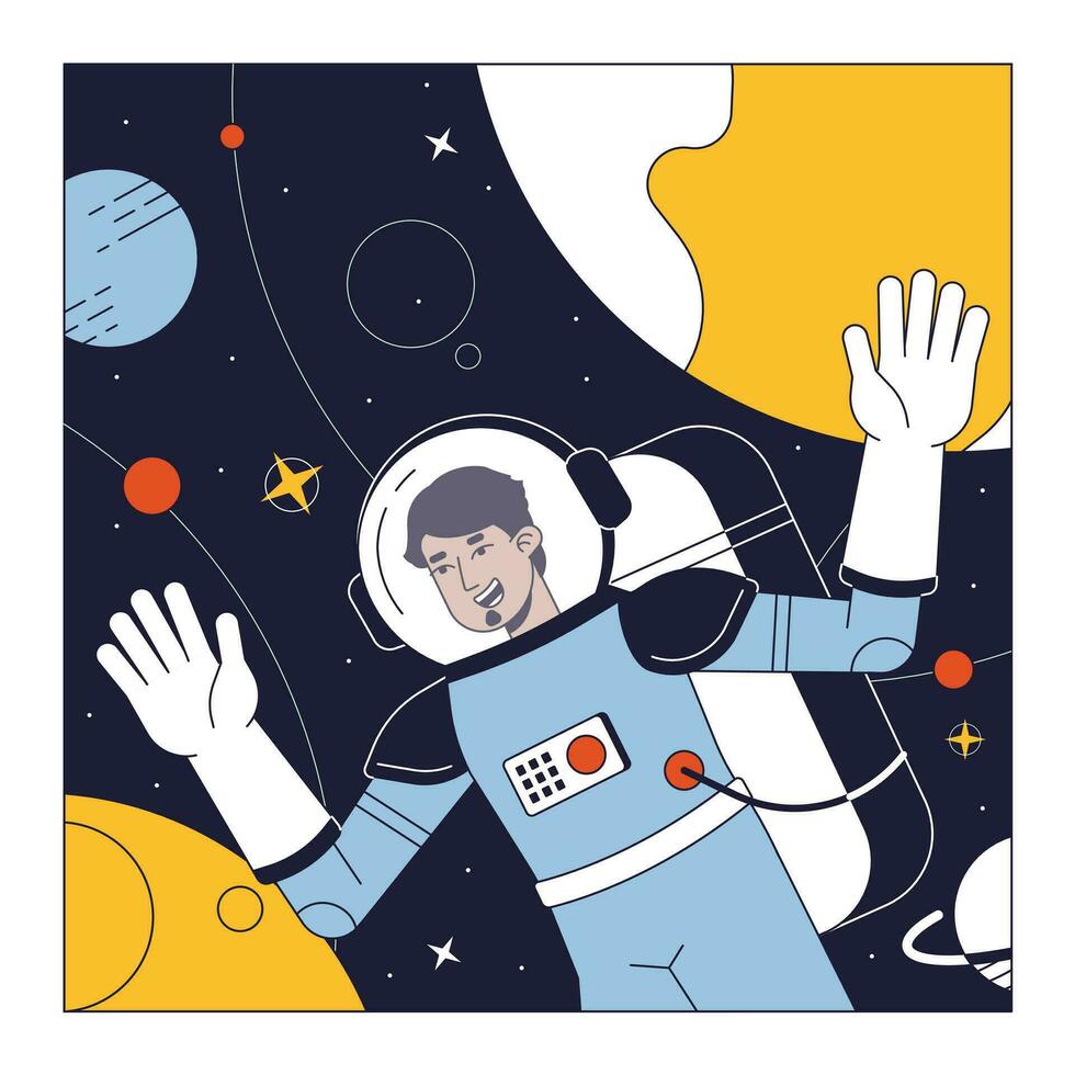 astronauta dentro espaço terno plano linha conceito vetor local ilustração. árabe homem explorando espaço 2d desenho animado esboço personagem em branco para rede ui Projeto. editável isolado cor herói imagem